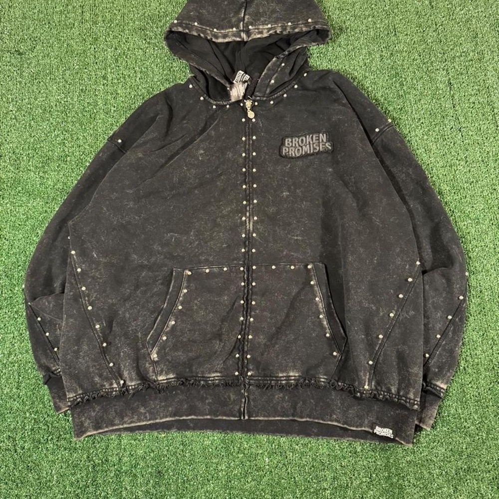Broken Promises Adorned Washed Black Studded Zip-Up Hoodie Mens XL Streetwear